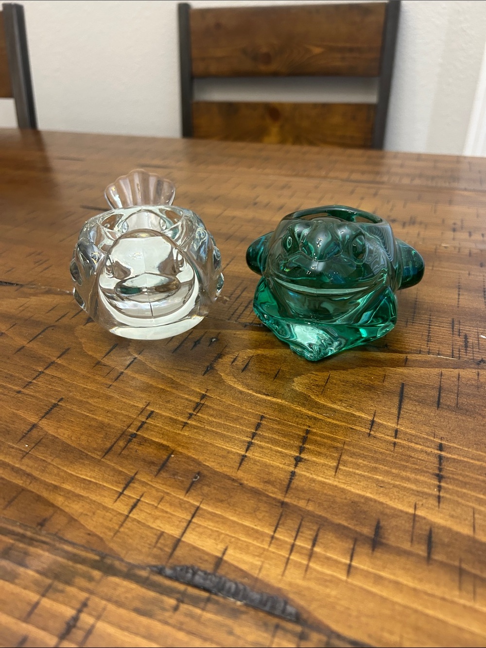 Set of 2 Indiana glass bird and frog votive holders.